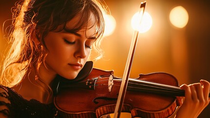 Fototapeta premium Young Woman Playing Violin on Stage with Warm Lighting