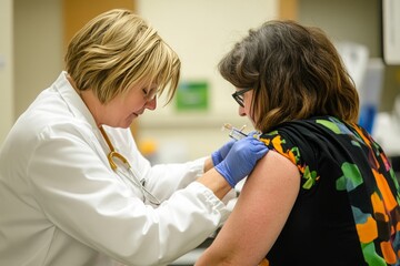 Fototapeta premium Healthcare professional administering HPV vaccine to woman patient, emphasizing the critical role of vaccination in preventing human papillomavirus and associated health risks. Promoting prevention th