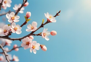 Beautiful branches of white Cherry blossoms on the tree under sky background.
