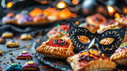 A party mask and colorful hamantaschen treats for the celebration halloween