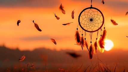 Dreamcatcher with intricate patterns and long feathers against a sunset sky 