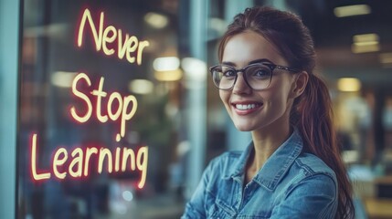 A woman is smiling in front of a window that says Never Stop Learning