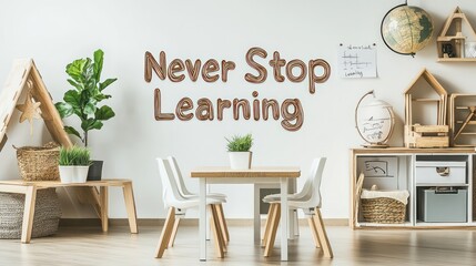A white room with a brown banner that says Never Stop Learning