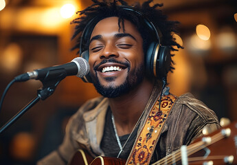 “A Man with an Afro and Headphones Playing Guitar in a Studio”
