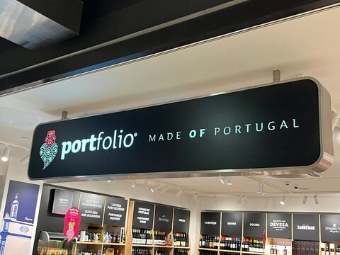 Portugal, Faro Airport, September 17. 2024, logo or sign of portfolio Made of Portugal, Souvenir store with goods that are characteristic of the Algarve region including cork, ceramics, azulejo tiles