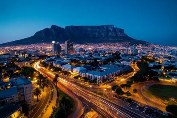 Aerial timelapse of Cape Town at night, with Table Mountain towering over the glowing cityscape below
