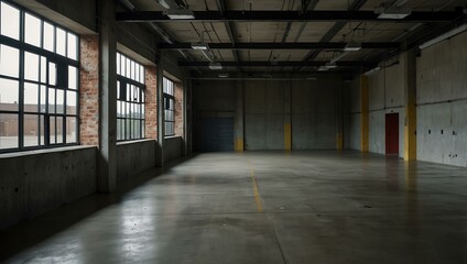 Empty warehouse with polished concrete and expansive floor space.