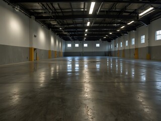 Empty warehouse with polished concrete and ready for storage or manufacturing.