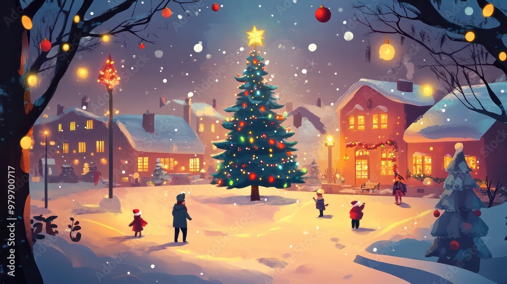 Poster a christmas scene with a large tree in the center