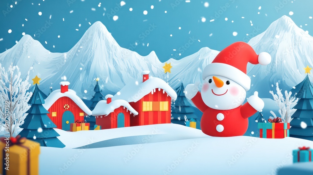 Poster a snow-covered mountain range with a red house and a snowman with a red hat