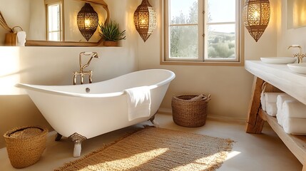 Eclectic bathroom with a clawfoot tub, Moroccan lanterns, and a jute rug 