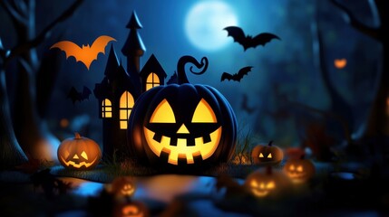 A Halloween scene with a pumpkin with a smiley face on it
