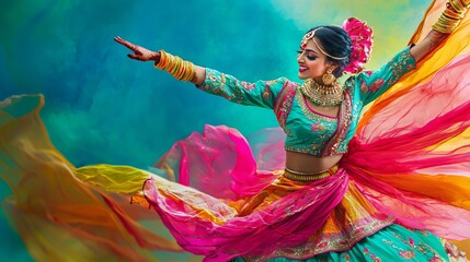 Indian Bollywood Dancer Performing in a Colorful Festive Setting