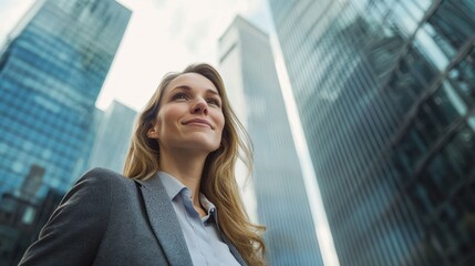 A businesswoman standing confidently in front of a skyscraper.