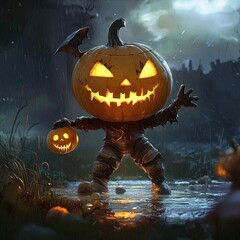 Obraz premium Jack-o'-Lantern Trick or Treater in Rainy Night