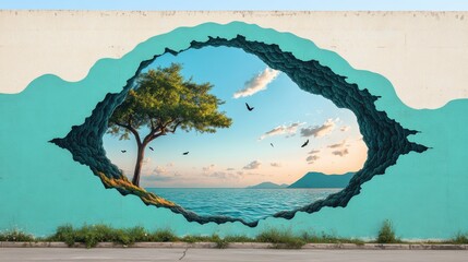 A surreal graffiti mural on a dilapidated building, showcasing a mind bending scene where reality bends and distorts, inviting the viewer to step into a world of pure imagination.