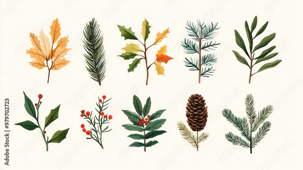 Poster a set of twelve different types of leaves and needles, including pine needles