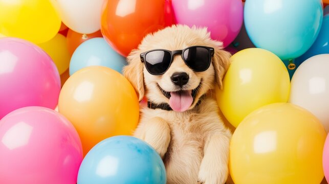 A playful puppy wearing shades, sitting among a sea of colorful balloons and party decorations, ready to celebrate in style.