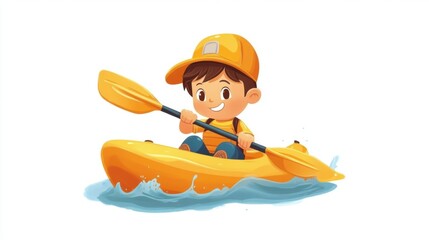 Cute cartoon charactor of a boy kayaking in water