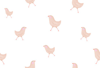Seamless Vector Pattern with Running Chickens. Cute Hen and Little Chickens. Hand Drawn Nursery Endless Print with Beige Birds on a White Backgrounds. Farm Animal Print ideal for Fabric, Textile.