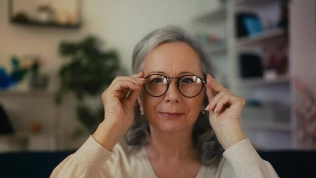 Portrait of senior woman putting on eyeglasses, eyesight problems, healthcare