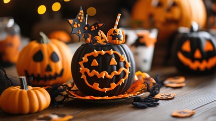 A table with a pumpkin that has a smiley face on it