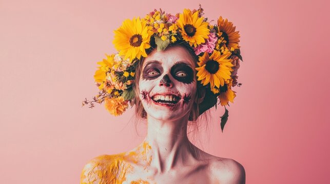 A charming female zombie with a whimsical grin, wearing a wreath of sunflowers and marigolds, isolated on a soft pink background.