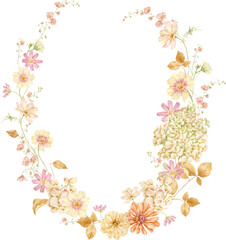 Watercolor floral wreath. Hand-painted pink cosmos flowers, hydrangeas and autumn leaves

