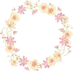 Summer floral wreath. Watercolor branch with cosmos flowers