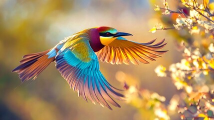 Fototapeta premium A vibrant image of a colorful bird in flight, with its vivid feathers contrasting against a natural backdrop, highlighting the beauty and vividness of the bird.