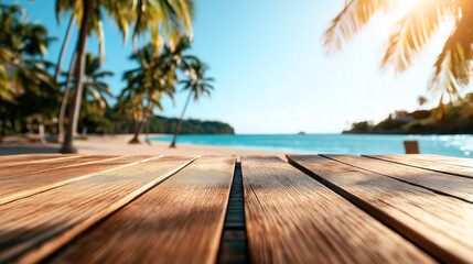 Fototapeta premium Blurry view of a tropical beach with palm trees and ocean in the background, seen from a wooden deck or table under bright sunlight.