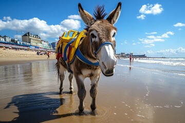 Blackpool's classic seaside donkey rides on the beach, a fun activity for children and families