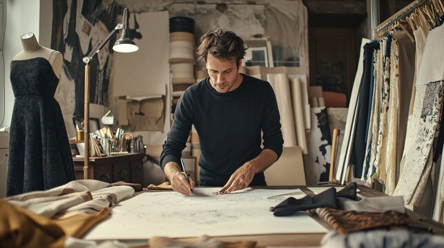 Fashion Designer Working on a New Design in His Studio