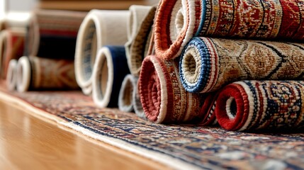 Layered Persian rugs in rich colors and patterns on a wooden floor 
