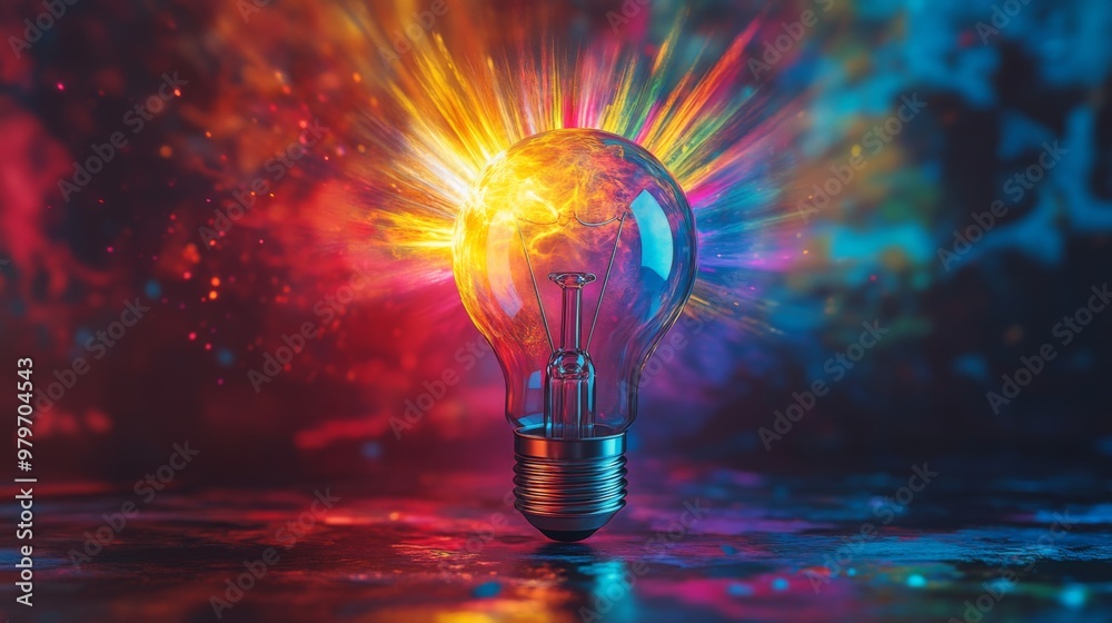 Poster A vibrant image of a light bulb with colorful rays extending outward, symbolizing a burst of creative ideas and inspiration in a visually engaging way.