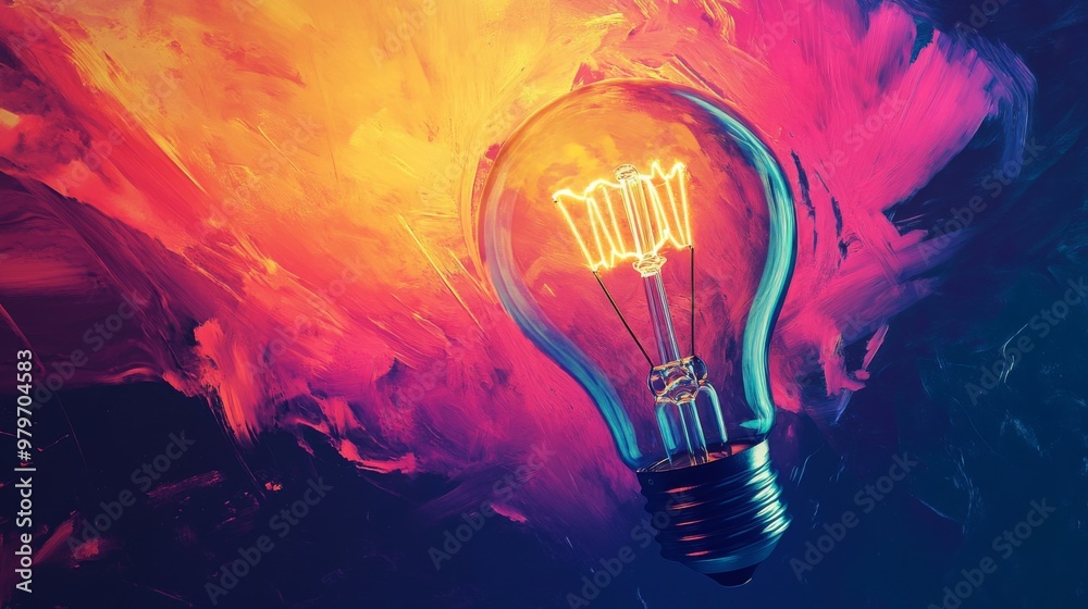 Poster A vibrant image of a light bulb with colorful rays extending outward, symbolizing a burst of creative ideas and inspiration in a visually engaging way.