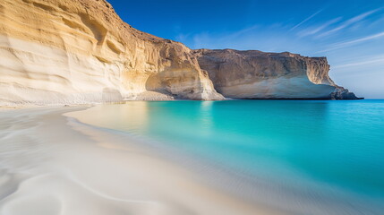 Serene Desert Meets Ocean: Smooth White Dunes, Turquoise Lagoon, Purple Wildflowers, Golden Cliffs, Cyan Sky