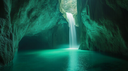Hidden Waterfall Cascading Down Symmetrical Emerald Cliffs, Glowing Water, Mirror-Like Pool, Tranquil and Awe-Inspiring View