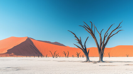 Vivid contrast of red dunes, blue sky, and white desert floor with dead trees in a dramatic, minimalist desert landscape, featuring sharp details and stunning natural beauty.