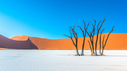 Stunning red dunes, dead trees, and cracked desert floor under a vivid blue sky, showcasing bold contrasts and serene beauty in a minimalist natural landscape.