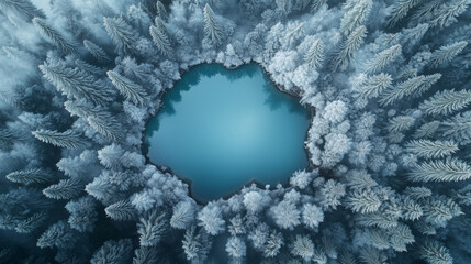Surreal alpine forest with frosted pastel trees, turquoise lake, silver mountains, circular symmetry, and calming reflection in overhead view, serene and tranquil nature landscape.
