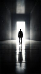 Silhouette of a man standing at an open door with bright light illuminating the dark hallway