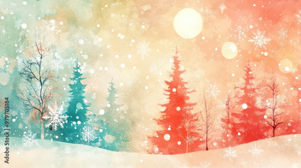 Poster A painting of a snowy forest with trees in the foreground and background