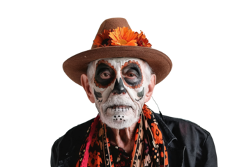 Portrait an old man with a frightening face, his expression perfectly crafted for Halloween, isolated on a transparent background
