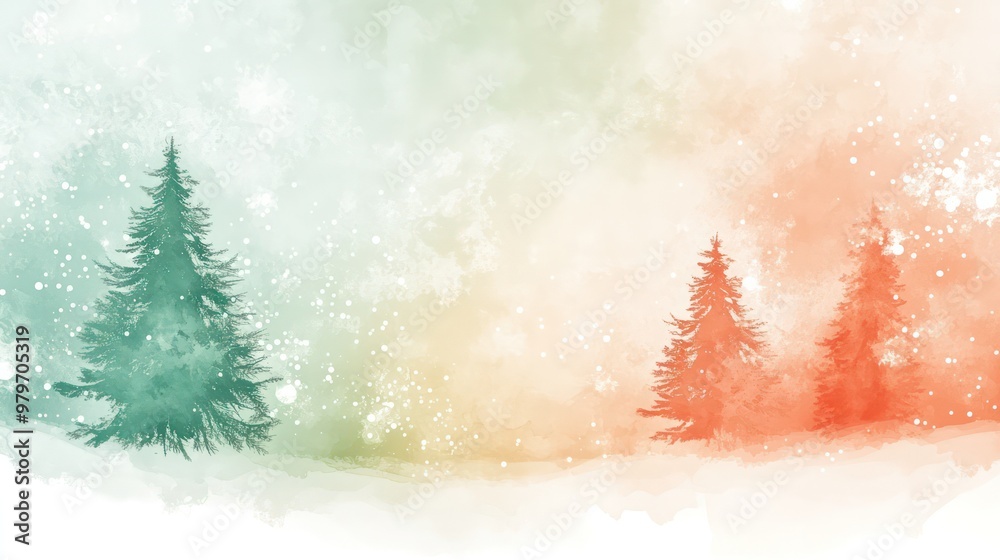 Poster a painting of two trees with snow on them, one green and one red