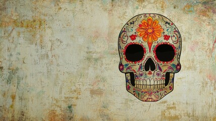 A clean illustration of a Day of the Dead skull with minimal decoration centered on a blank,...