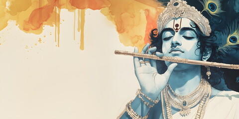 Happy Krishna Janmashtami, Krishna with Lord Krishna with Peacock Feather and Flute. Greeting Card, Banner with Copyspace	
