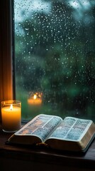 An open Bible on a windowsill with rain falling outside, warm light from a candle symbolizing comfort in faith