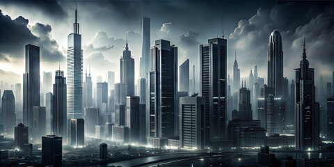 Futuristic city skyline at night with illuminated skyscrapers reflected in water for urban aesthetics