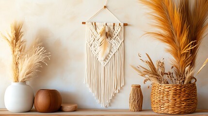 Macrame wall hanging with feathers and wooden beads on a neutral textured wall 